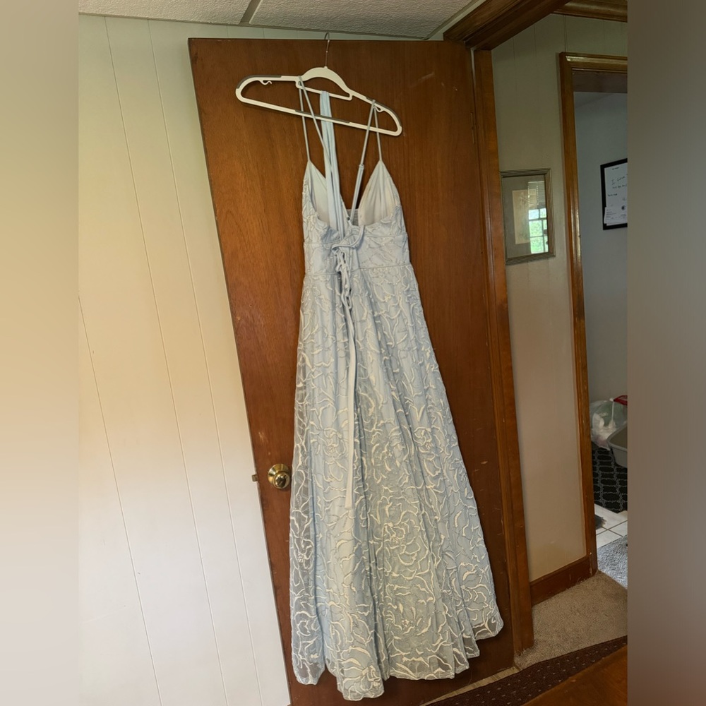 baby blue Davids Bridal prom dress (size 15 but it’s had some alterations)
